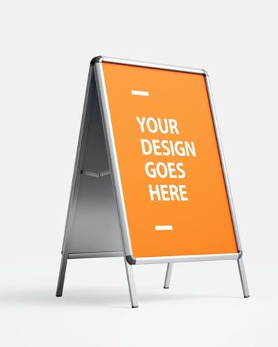 A-Board, an Indoor or Outdoor low cost double-sided stand with an aluminum frame and a snap mechanism for easy poster change. 