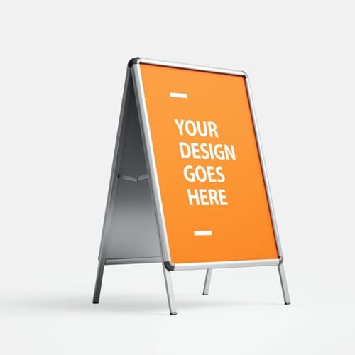 A-Board, an Indoor or Outdoor low cost double-sided stand with an aluminum frame and a snap mechanism for easy poster change. 
